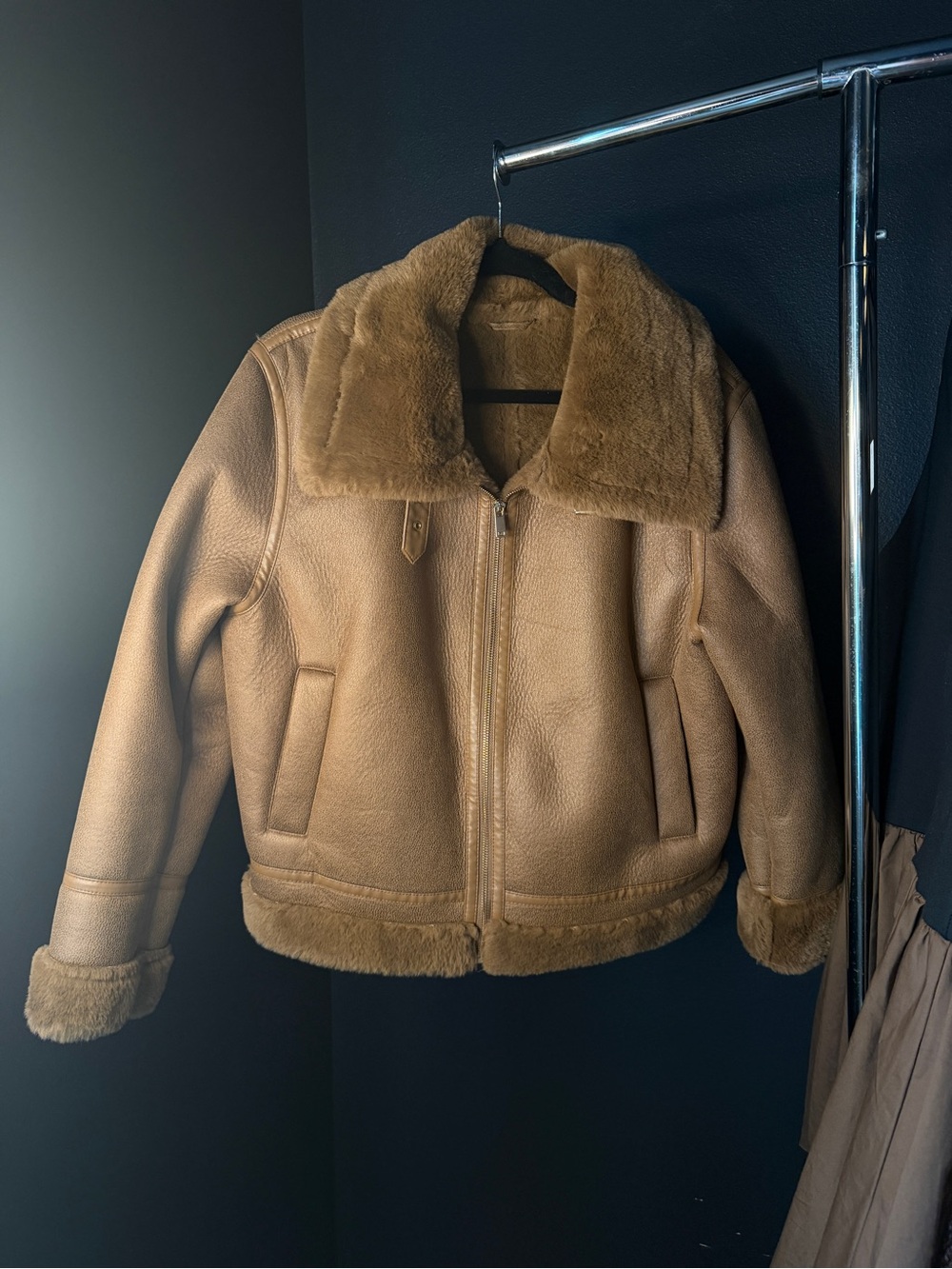 House of Harlow 1960 Tan Faux Shearling Bomber Jacket